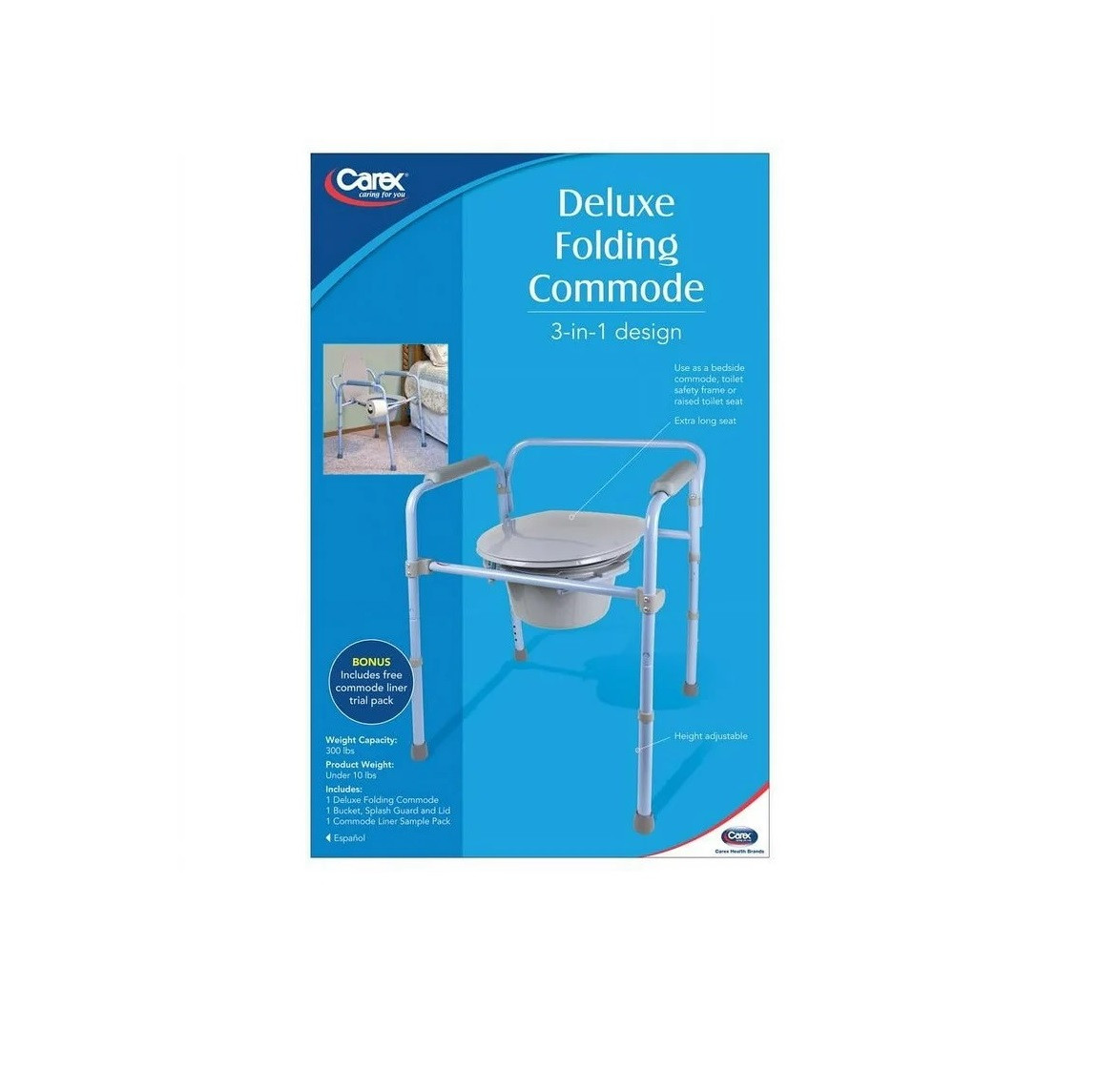 Carex Deluxe 3-in-1 Folding Commode Chair – Portable, Adjustable, and Travel-Friendly