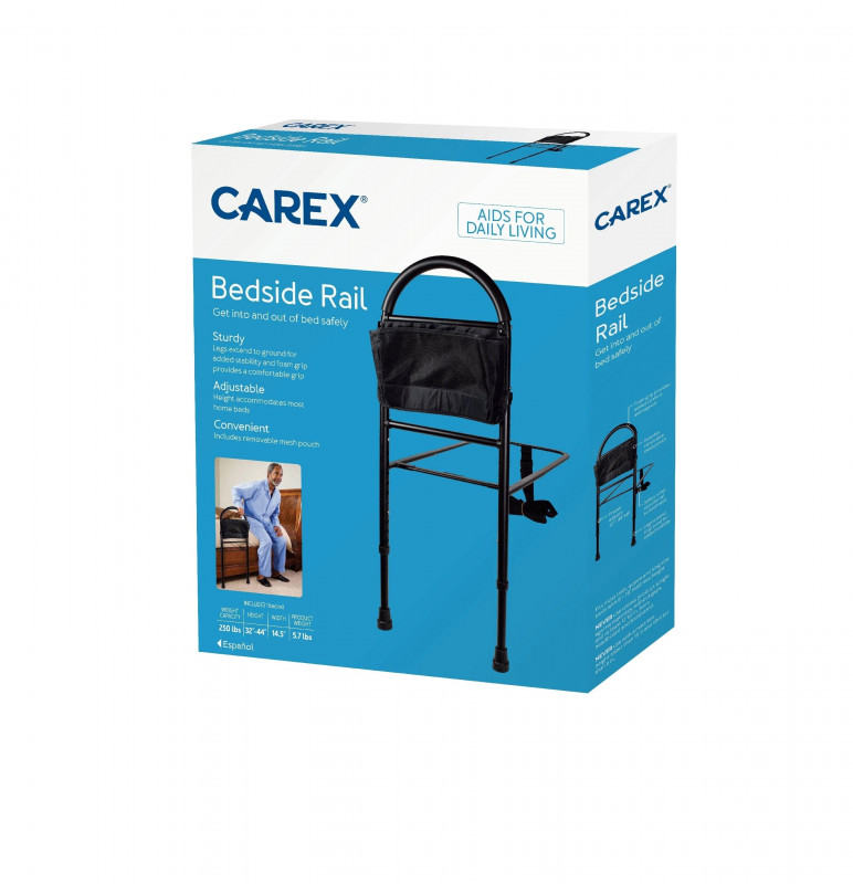 Carex Adjustable Bedside Rail – Bed Assist Bar with Floor Support, Foam Grip, Safety Strap & Removable Mesh Pouch for Fall Prevention and Comfortable Transfers